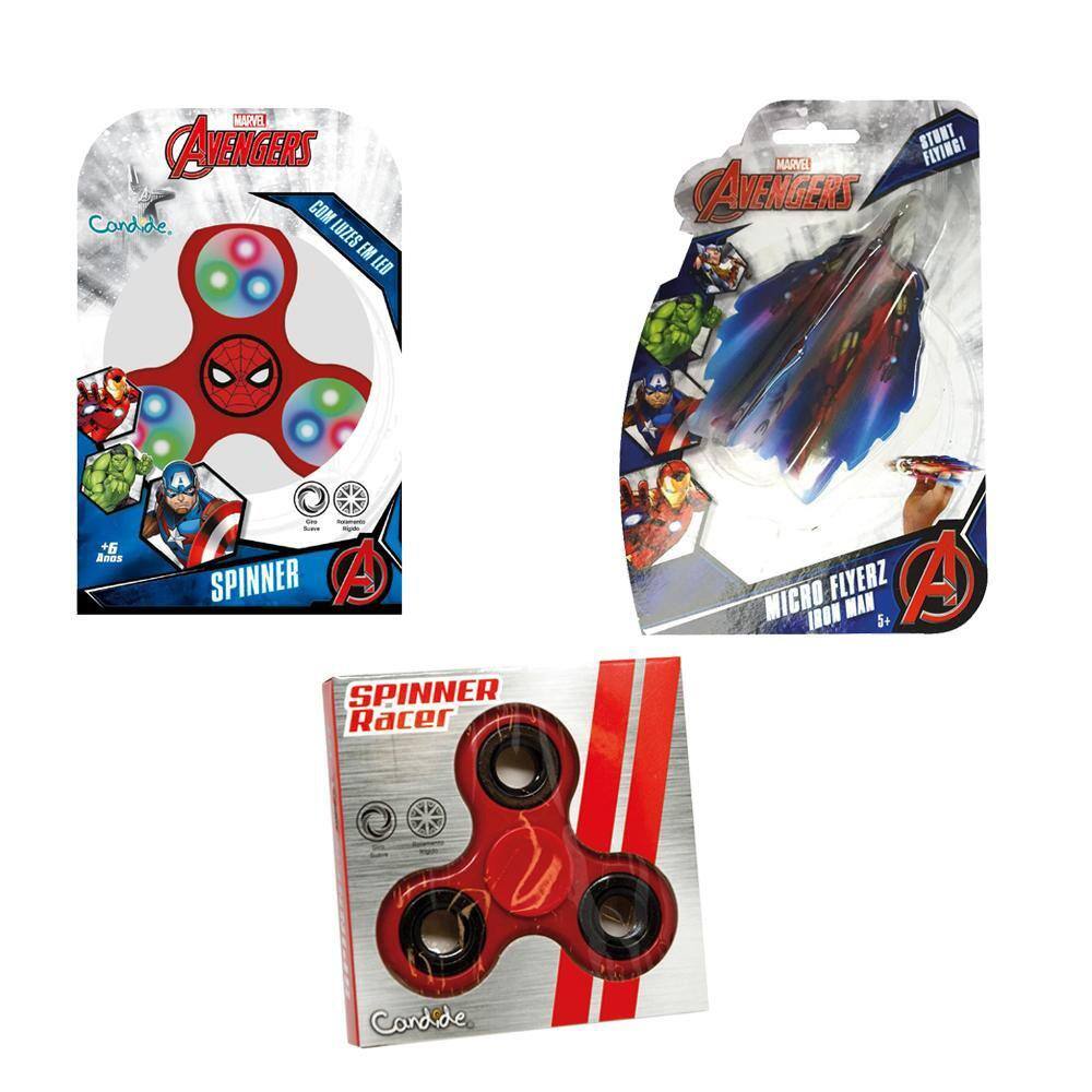 Kit Spinner c Luz Spiderman + Spinner Vermelho + Micro Flyerz