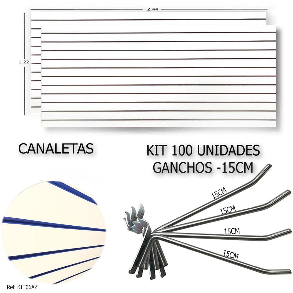 2 Paineis Canaletados - 2,44 x 1,22 + 100 Ganchos 15cm + Canaleta Azul