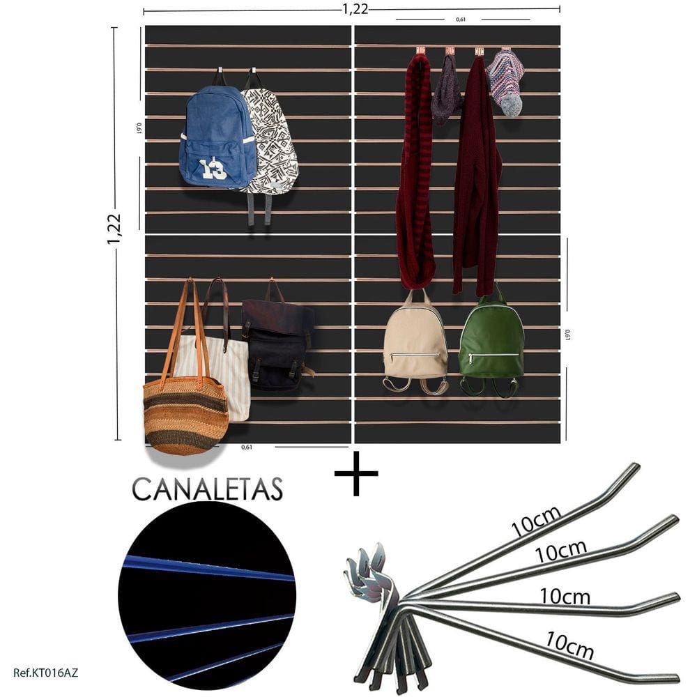 4 Paineis Canaletados - 0,61 X 0,61 + 100 Ganchos 10CM + Canaleta AZUL