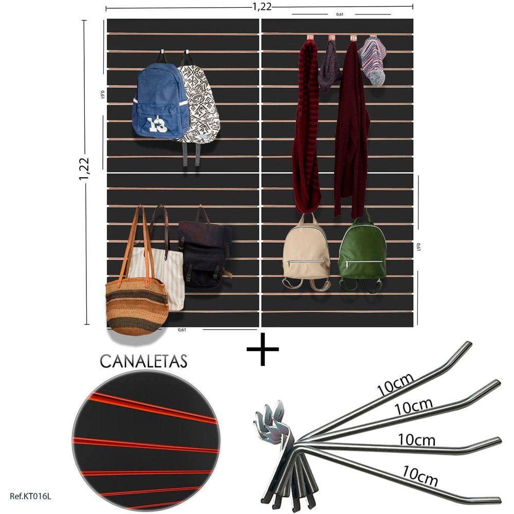 4 Paineis Canaletados - 0,61 X 0,61 + 100 Ganchos 10CM + Canaleta LARANJA