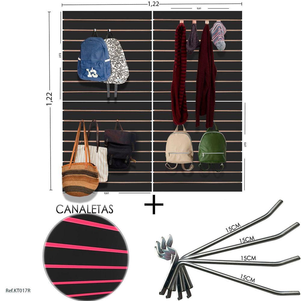 4 Paineis Canaletados - 0,61 X 0,61 + 100 Ganchos 15CM + CANALETA ROSA