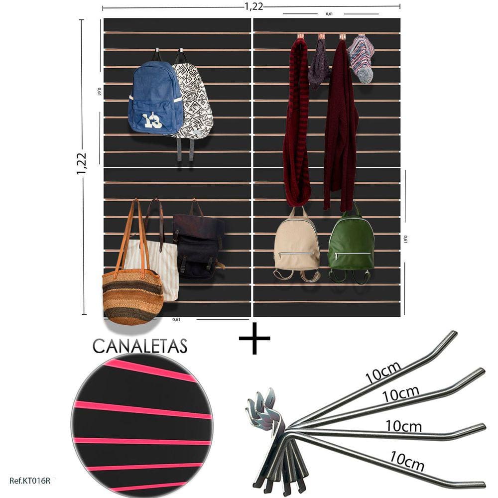 4 Paineis Canaletados - 0,61 X 0,61 + 100 Ganchos 10CM + Canaleta ROSA