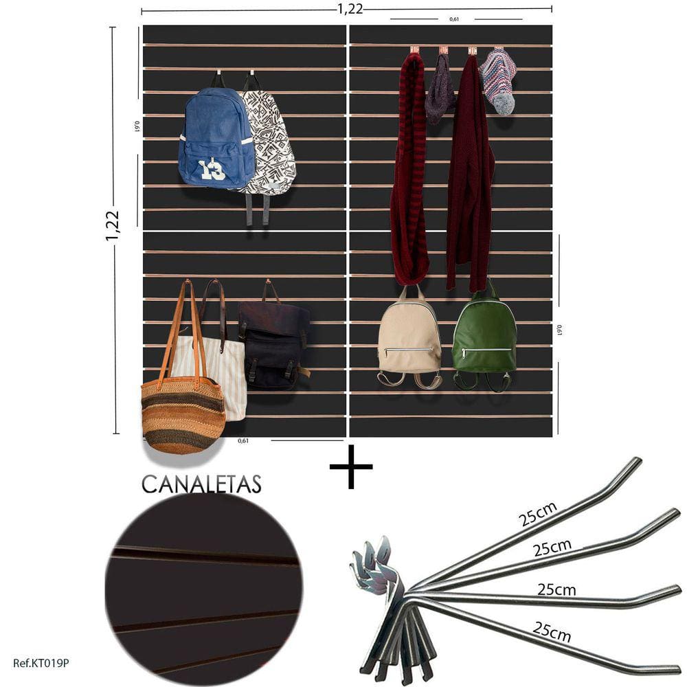 4 Paineis Canaletados - 0,61 X 0,61 + 100 Ganchos 25CM + Canaleta PRETA