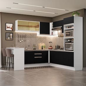 Cozinha Completa de Canto Madesa Glamy 504001 com Armário e Bancada (S/ Tampo e Pia) - Branco/Preto