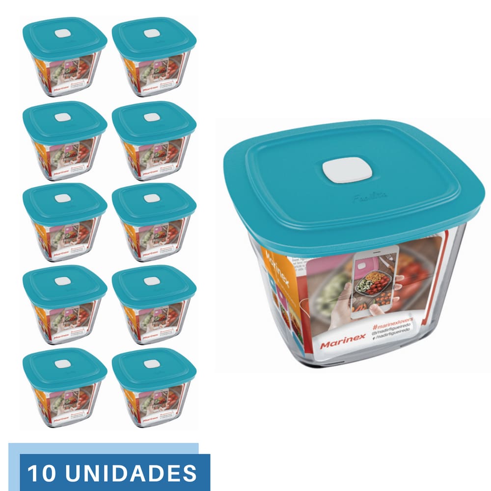 10 Potes Vidro Facilita Quadrado Alto Com Tampa 1L Marinex
