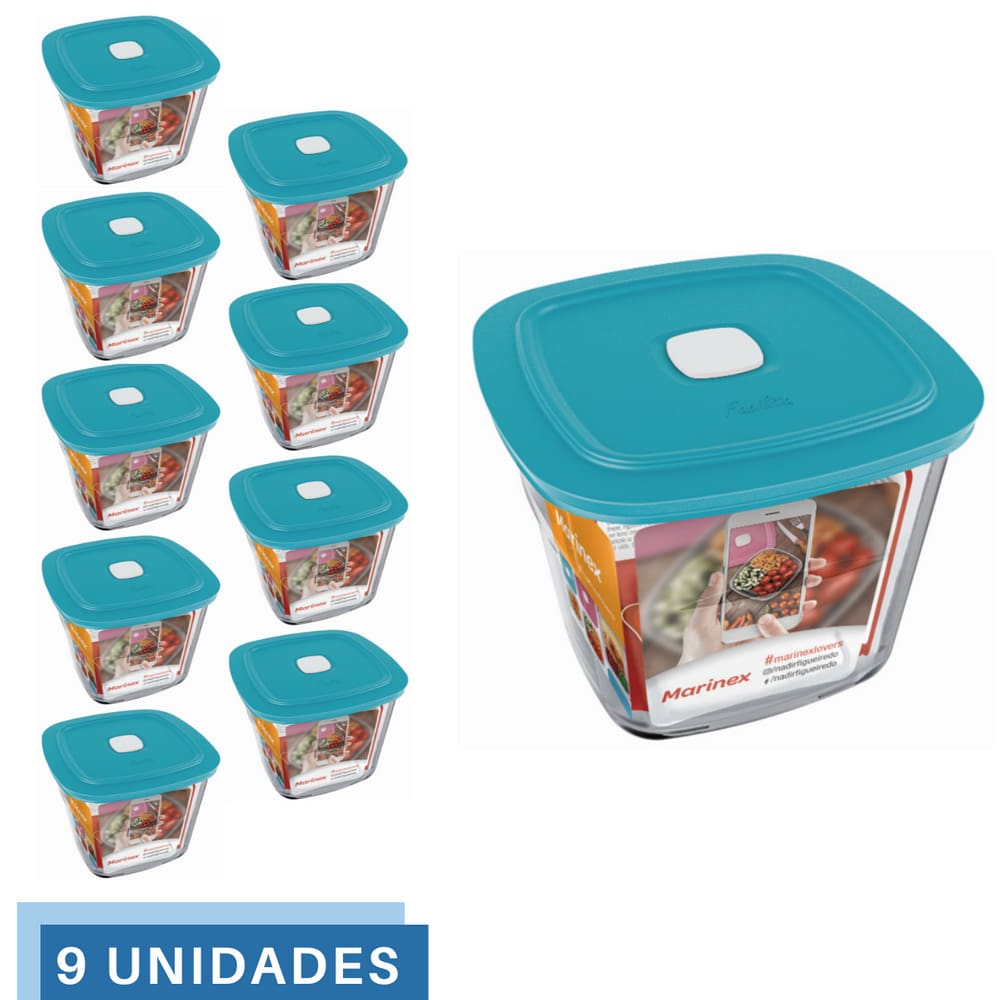 9 Potes Vidro Facilita Quadrado Alto Com Tampa 1L Marinex