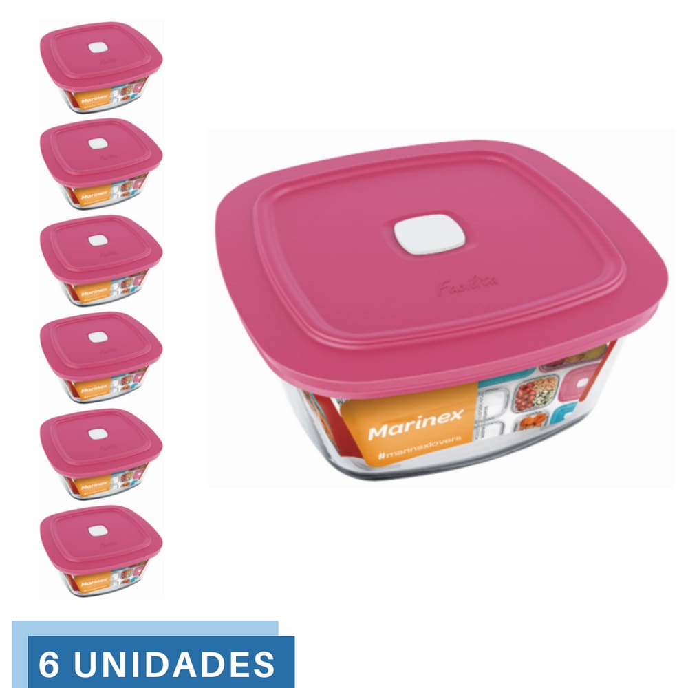6 Potes Vidro Facilita Quadrado Marmita 500Ml Marinex