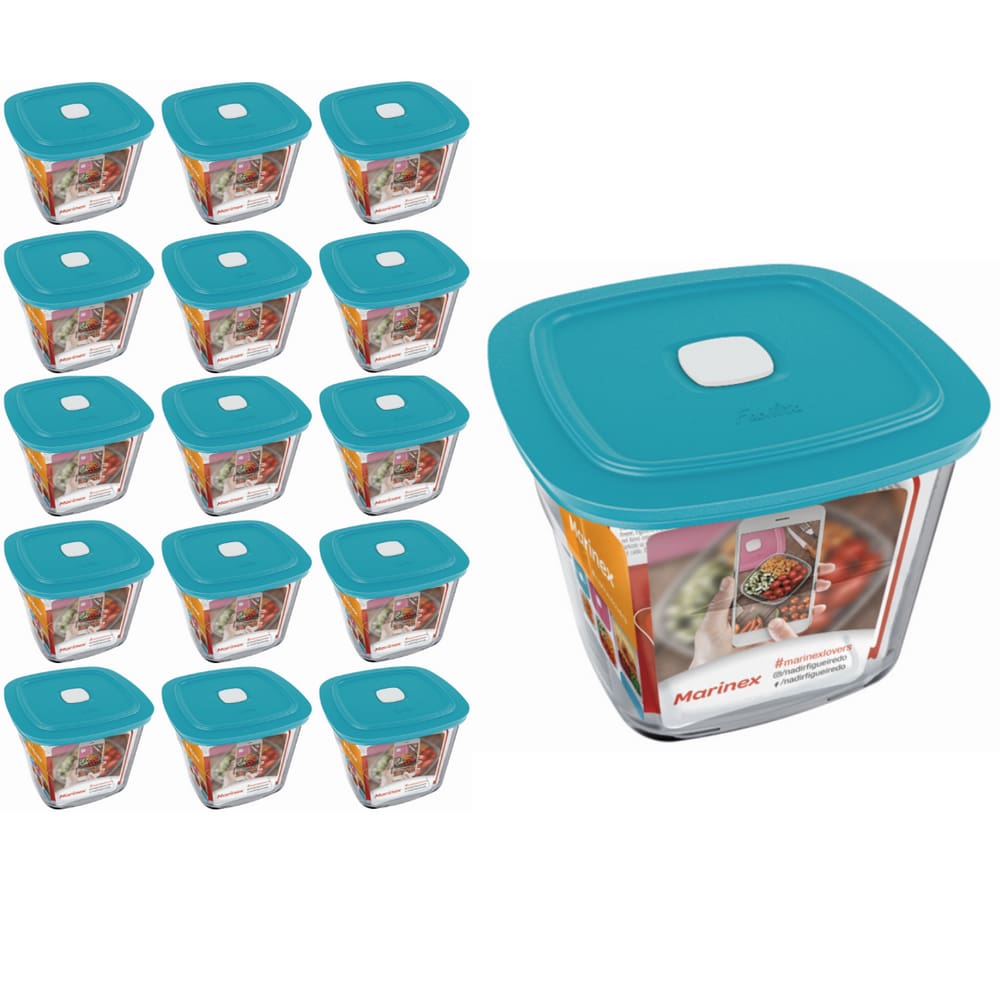 Pote Vidro Quadrado Alto Facilita Com Tampa 1L Marinex 15Un