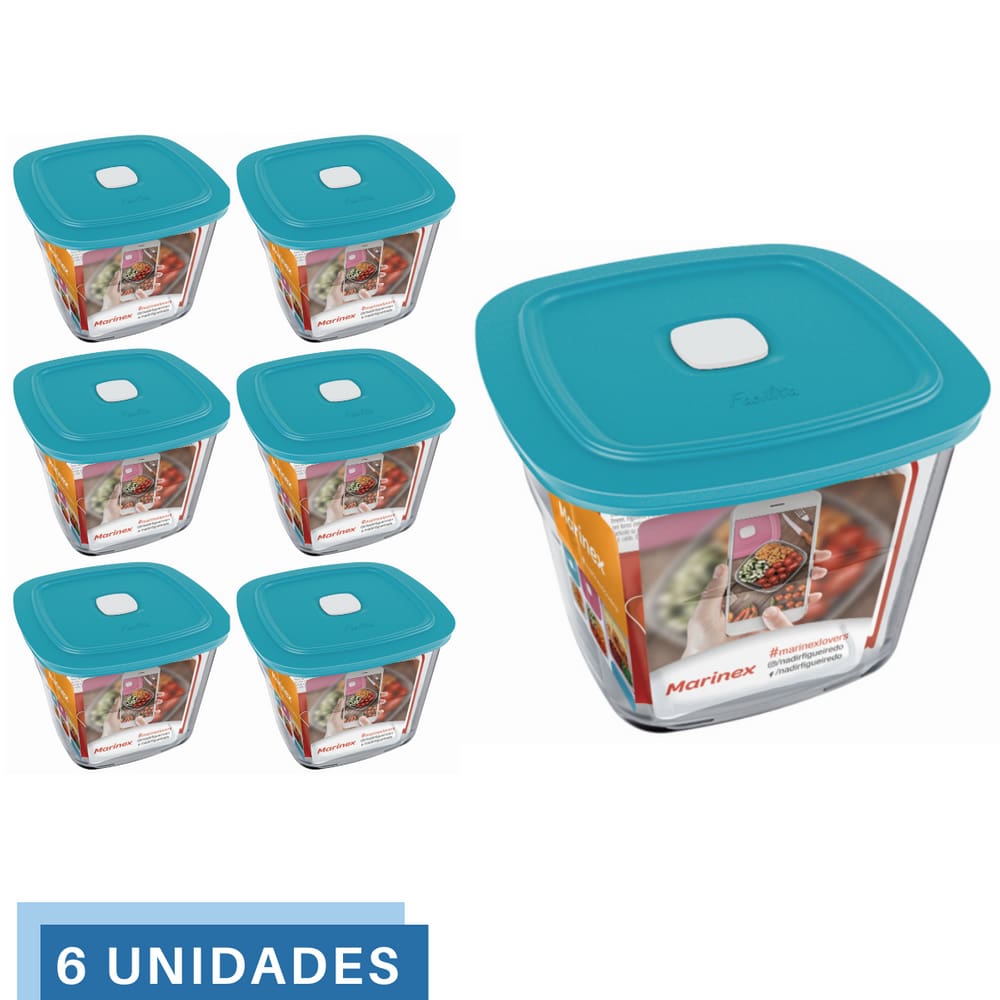 6 Potes Vidro Facilita Quadrado Alto Com Tampa 1L Marinex