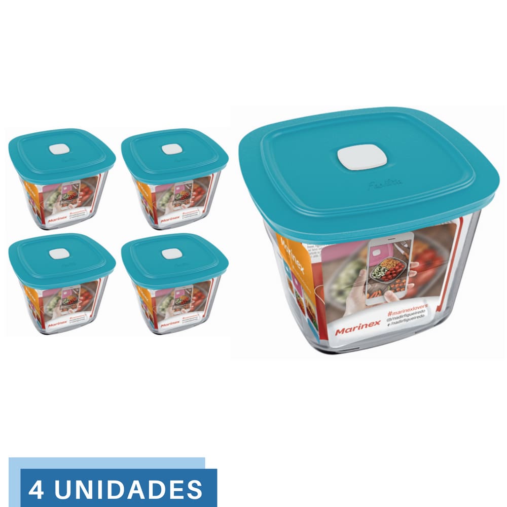 4 Potes Vidro Facilita Quadrado Alto Com Tampa 1L Marinex
