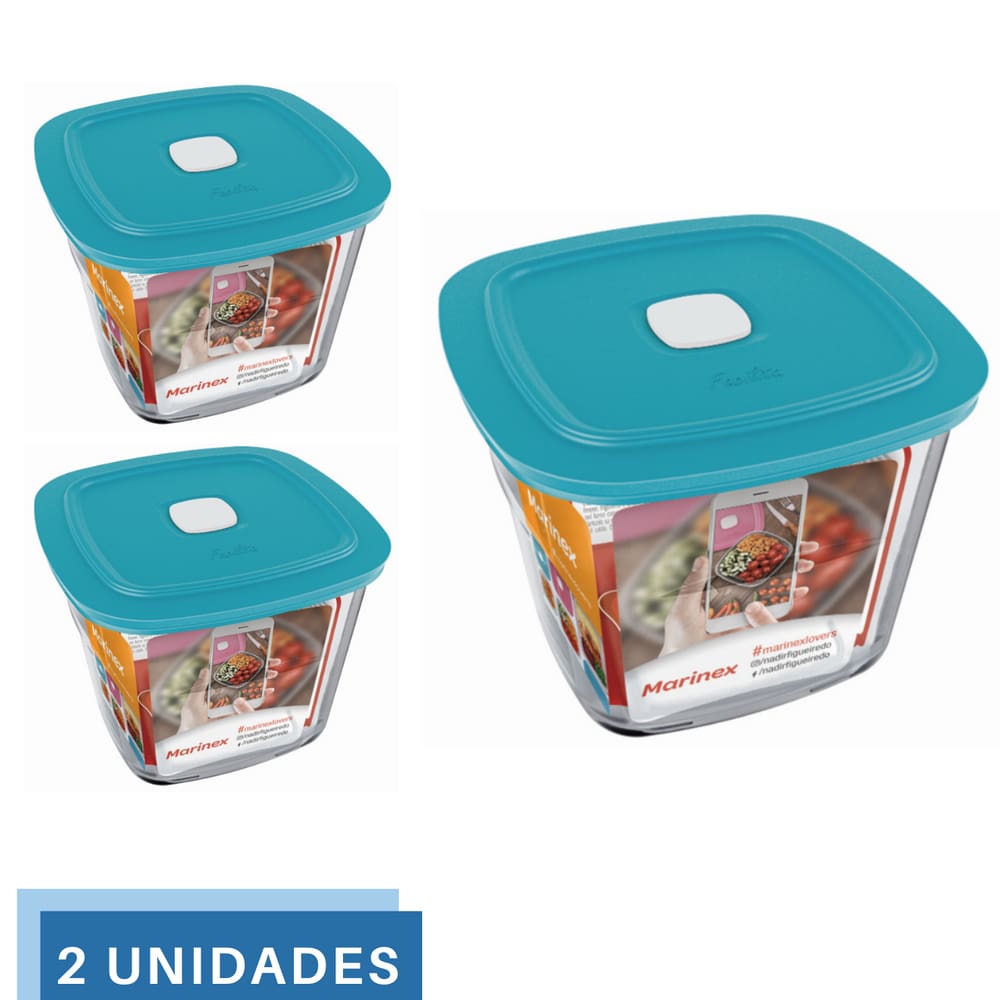 2 Potes Vidro Facilita Quadrado Alto Com Tampa 1L Marinex