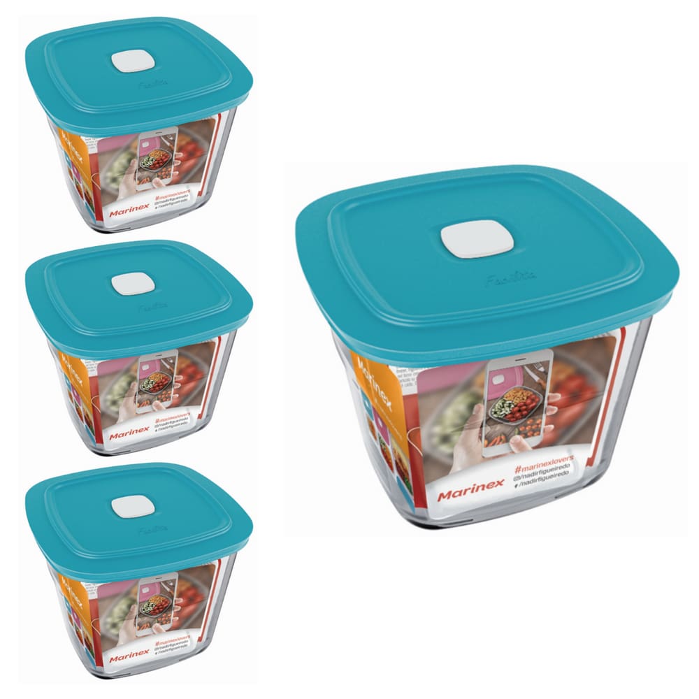 Pote Vidro Quadrado Alto Facilita Com Tampa 1L Marinex 3Un