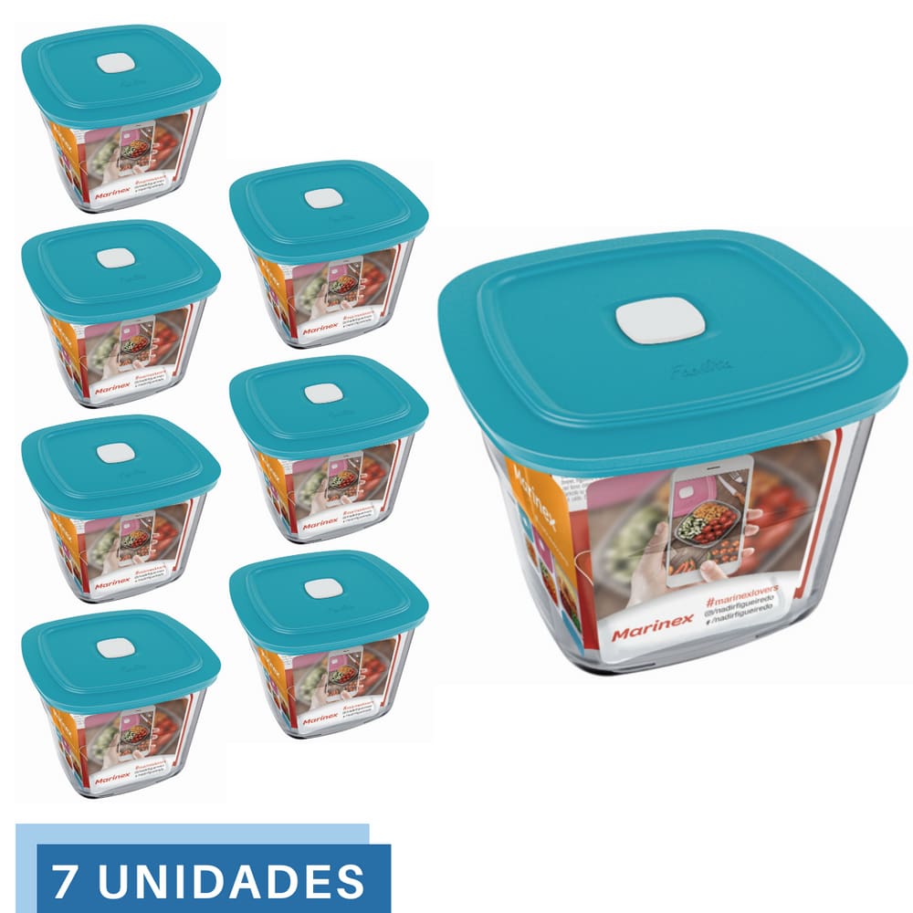 7 Potes Vidro Facilita  Quadrado Alto Com Tampa 1L Marinex