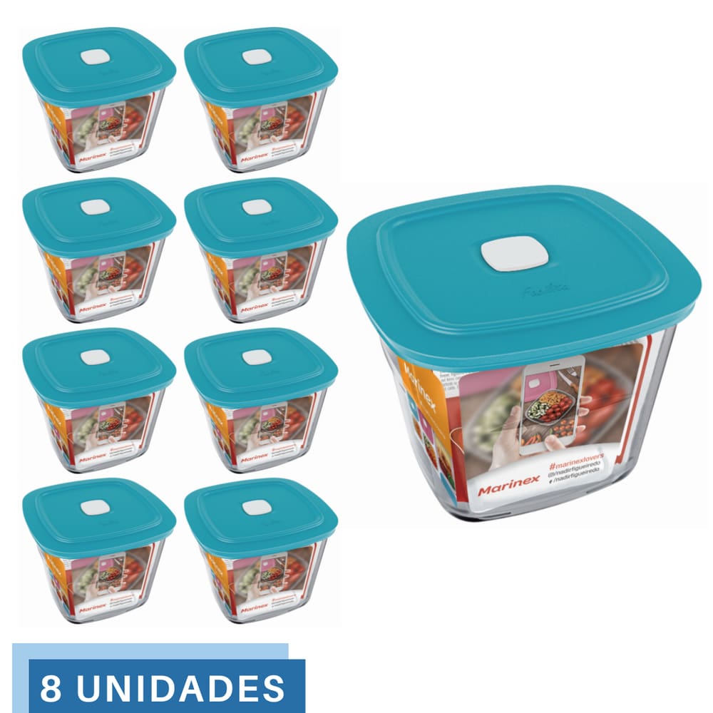 8 Potes Vidro Facilita Quadrado Alto Com Tampa 1L Marinex