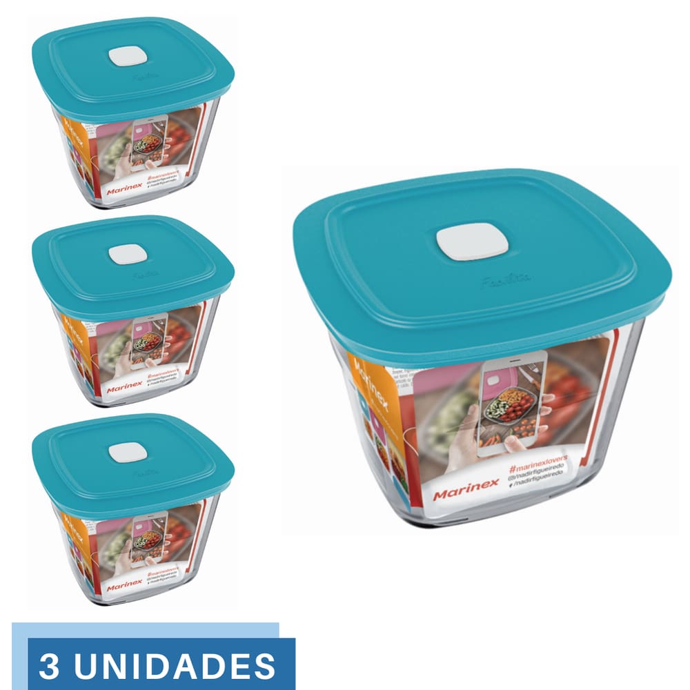 3 Potes Vidro Facilita  Quadrado Alto Com Tampa 1L Marinex