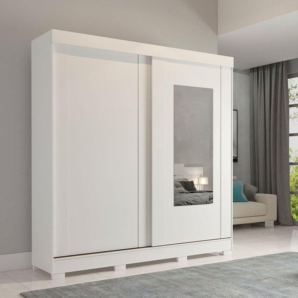 Guarda Roupa MDF 2 Portas de Correr Espelho 3 Gavetas Internas e 8 Pés Ilhéus Panan Móveis Branco