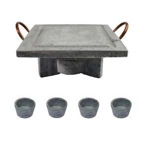 Fogareiro G Chapa Quadrada 25x25cm e Molheiras Pedra Sabão