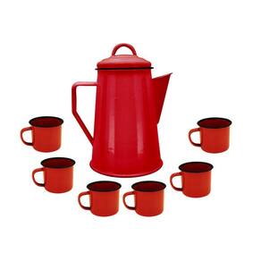 Jogo Bule Leiteira Esmaltada Vermelha 1,2 Litros e 6 Mini Canecas 90ml - Yazi