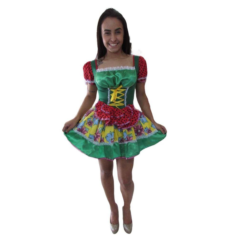 Vestido de festa junina caipira caipirinha adulto flores com tiara