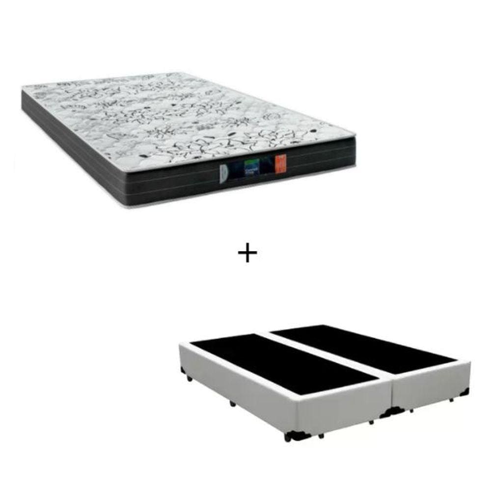 Cama Box King - Tecido Sintético Branco com Colchão Extra Firme D28-Suporta 80Kg