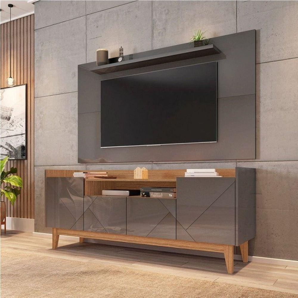 Rack com Painel para TV até 60 Polegadas Retrô Adria Esmeralda Casa D Cinza Perola/Noce