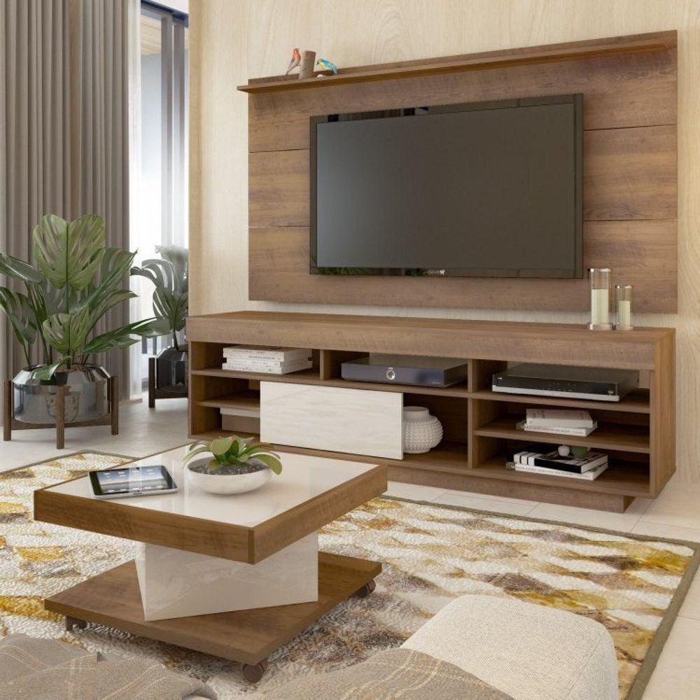 Conjunto com Rack com Painel para TV até 60 Polegadas e Mesa de Centro Elegance Espresso Móveis Pinho/Off White