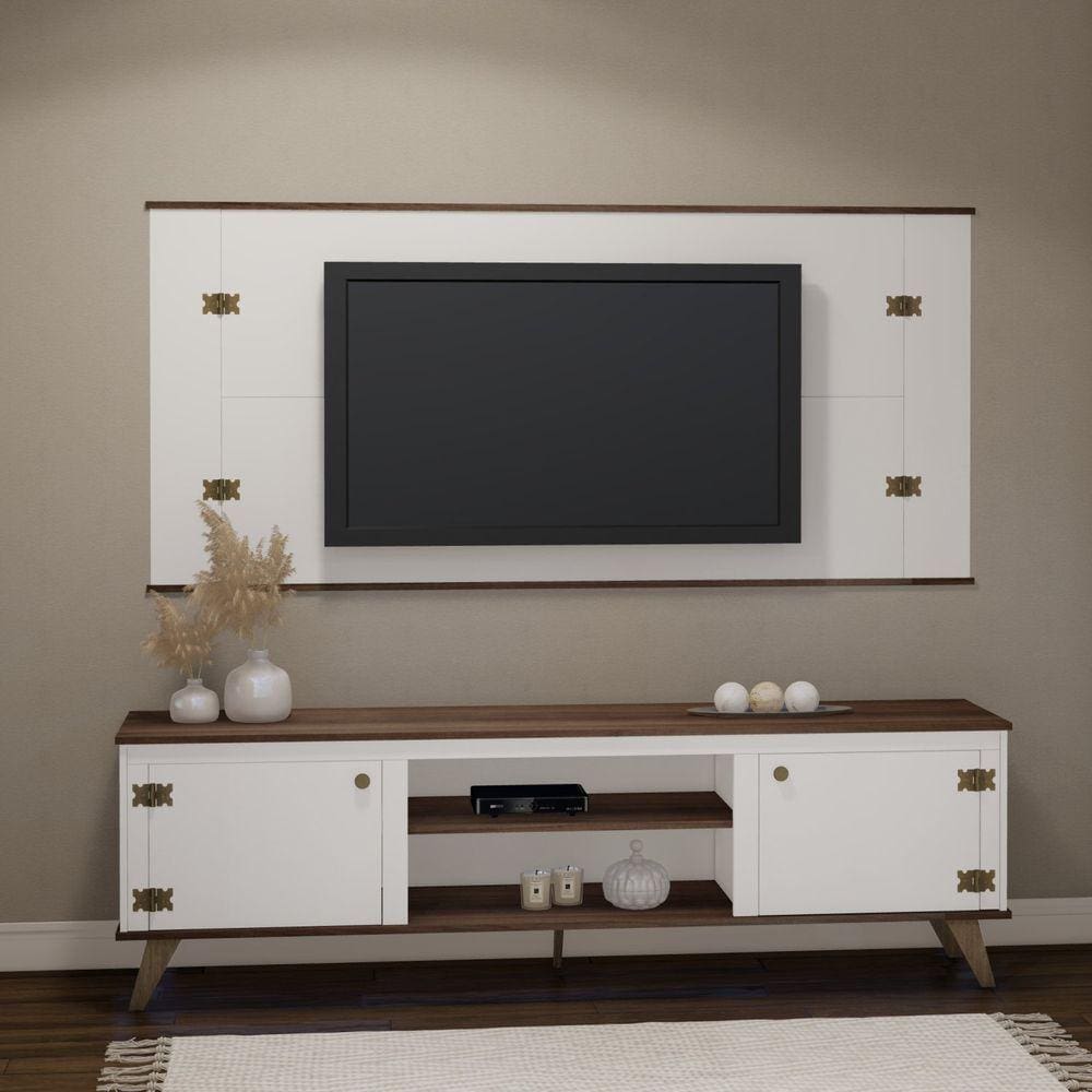 Rack com Painel para TV até 65 Polegadas 2 Portas 2 Nichos 180cm Cambridge Estilare Branco/Madeirado
