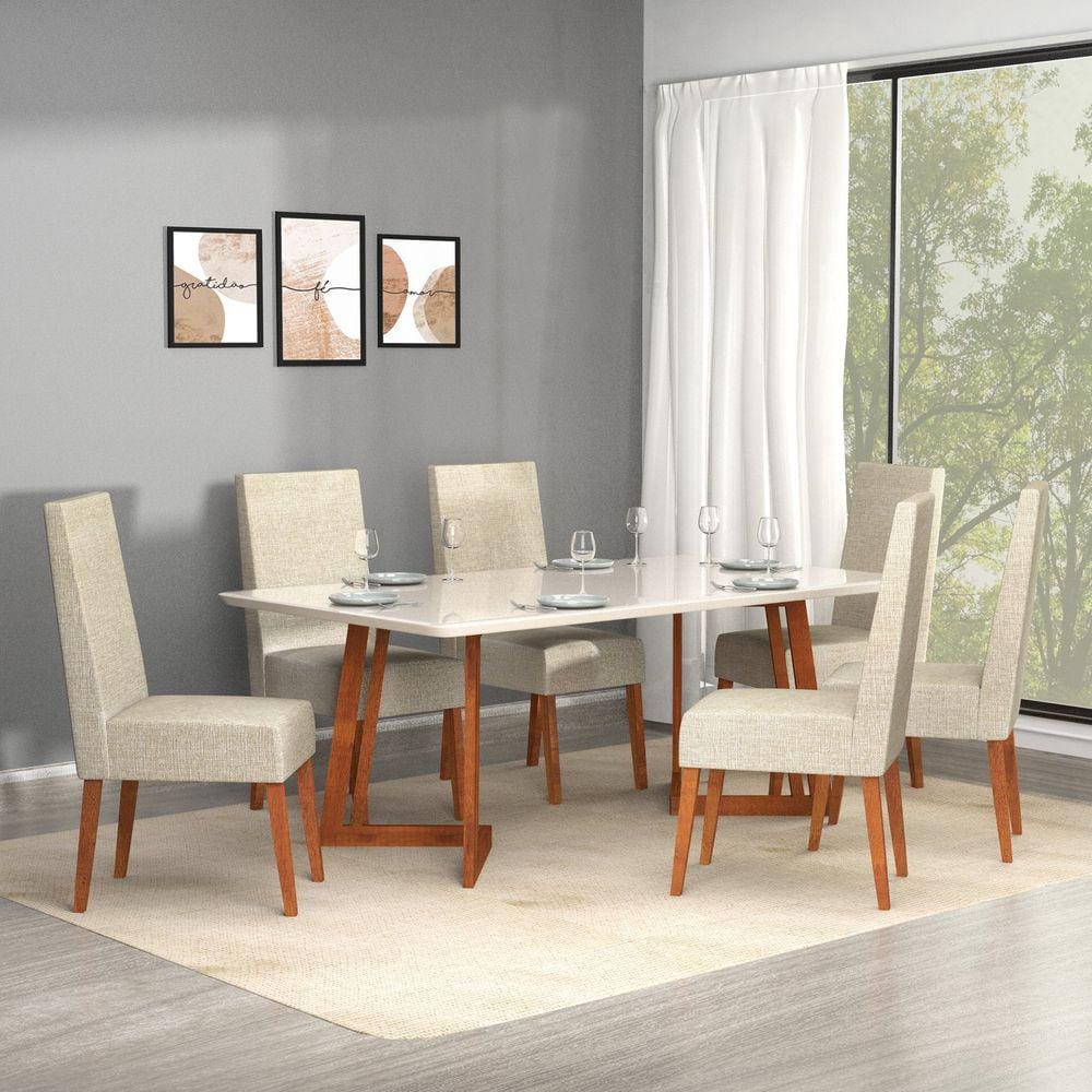 Conjunto Mesa Veneza para Sala de Jantar com Tampo de Vidro e 06 Cadeiras  Delta Prêmio/Pena Bege - LJ Moveis