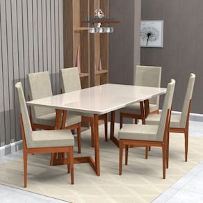 Conjunto Sala de Jantar 6 Lugares Madeira Mesa California e Cadeira Dakota Móveis Meneghetti Caramelo