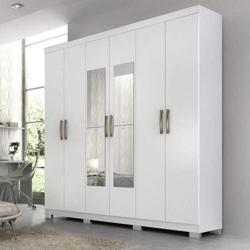 imagem-Guarda Roupa Casal em MDF 6 Portas 3 Gavetas Kit 4 Espelhos e 8 Pés Clara Panan Móveis Branco