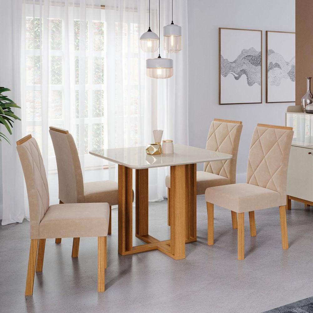Conjunto para Sala de Jantar Mesa 94x94cm Flora 4 Cadeiras Fernanda Cimol Nature/Off White/Madeira/Nude