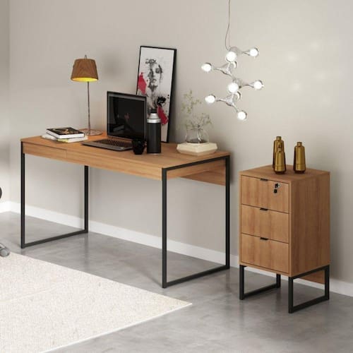 Conjunto Home Office 2 Peças com Mesa para Escritório 1 Gaveta e Gaveteiro 3 Gavetas Tecno Mobili Amêndoa/Preto