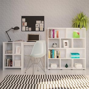 Conjunto Home Office 2 Peças 1 Escrivaninha 4 Nichos e 1 Estante para Livro 10 Nichos Artely Branco
