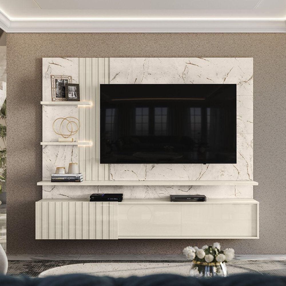 Estante Home Suspensa para TVs até 65 Polegadas 2 Portas Atena Madetec Calacata/Off White
