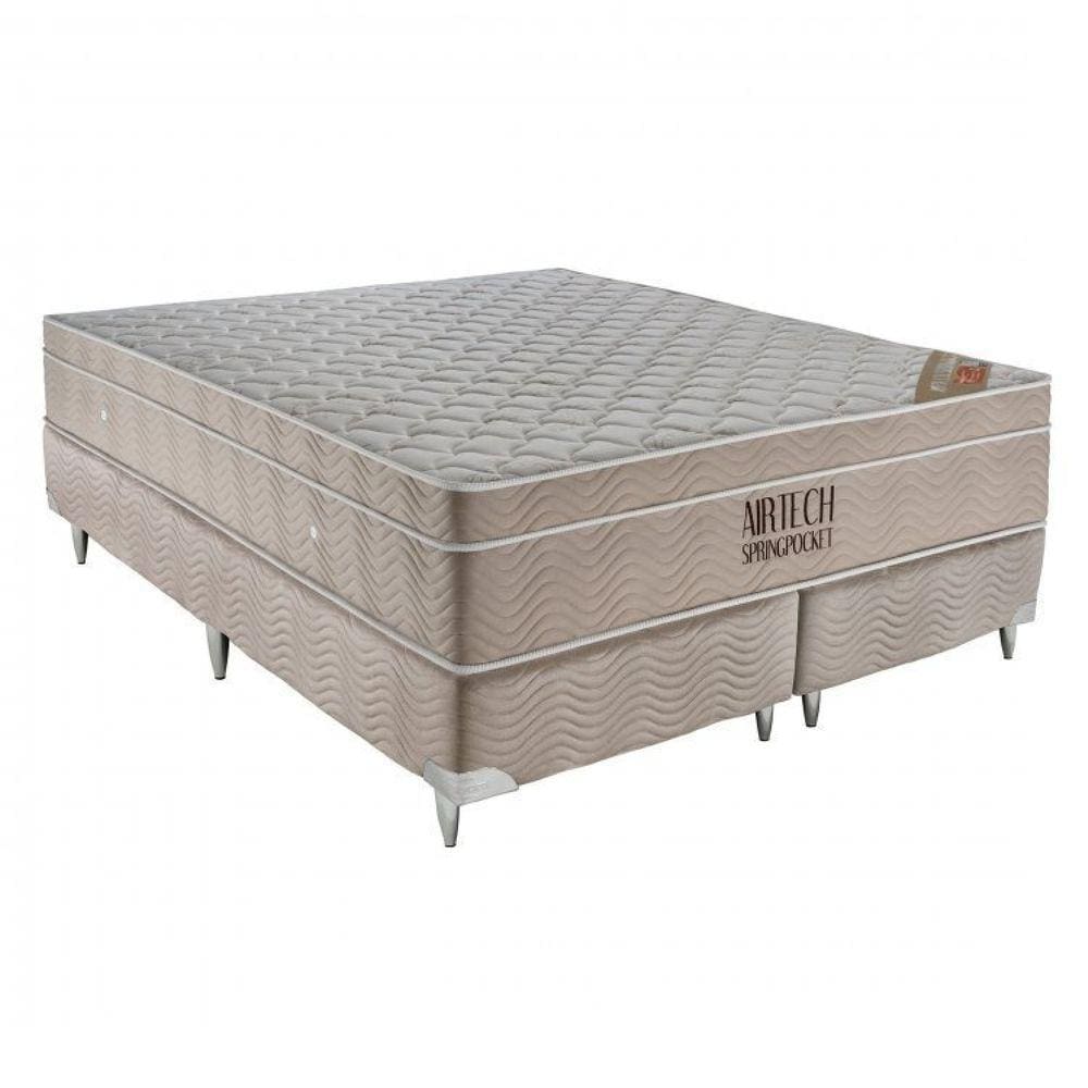 Conjunto Cama Box Colchão Airtech Spring Pocket Super King 193x203x30cm Ortobom Branco/Bege