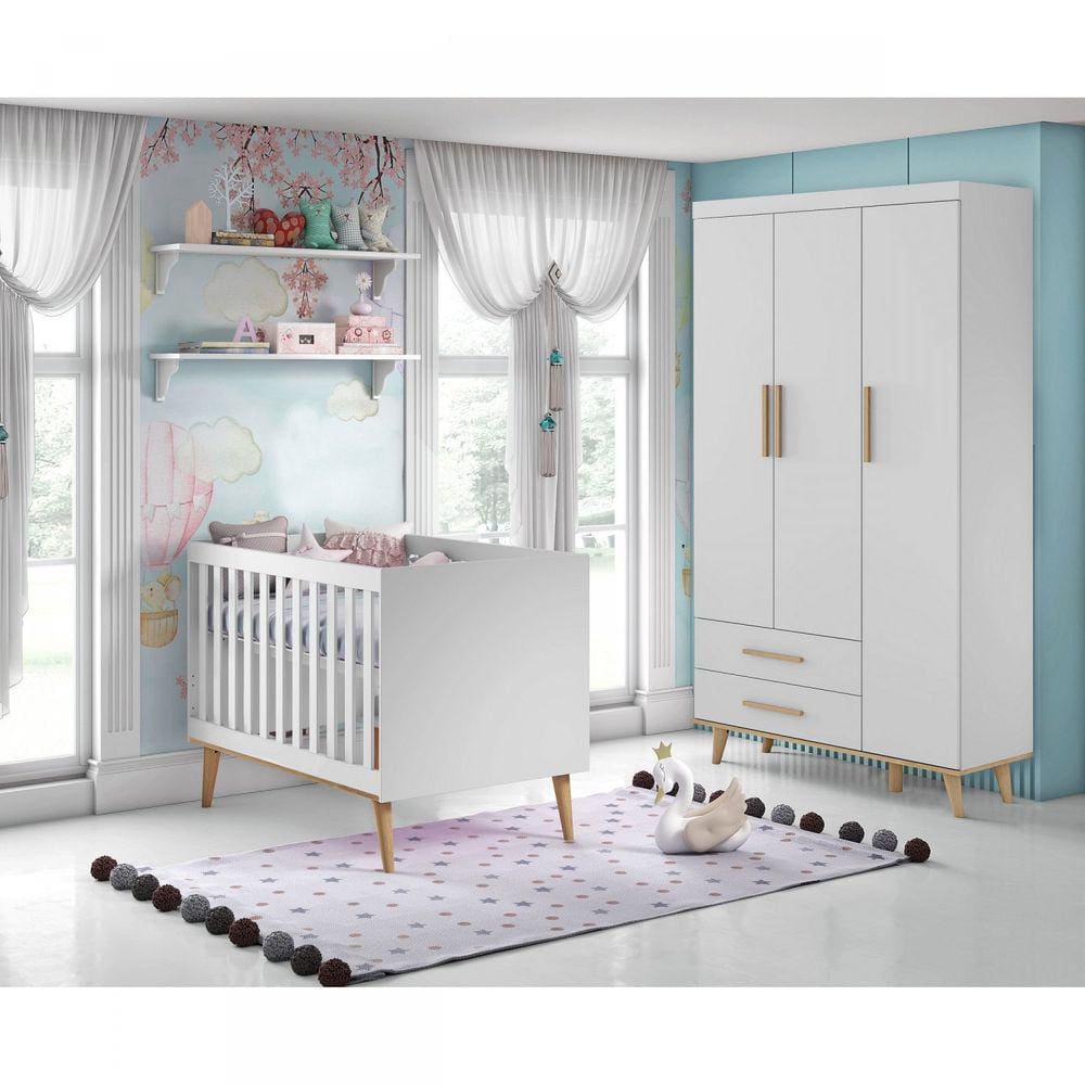 Quarto de Bebê com Guarda Roupa 3 Portas 2 Gavetas e Berço Ludmila Carolina Baby Branco/Bétula