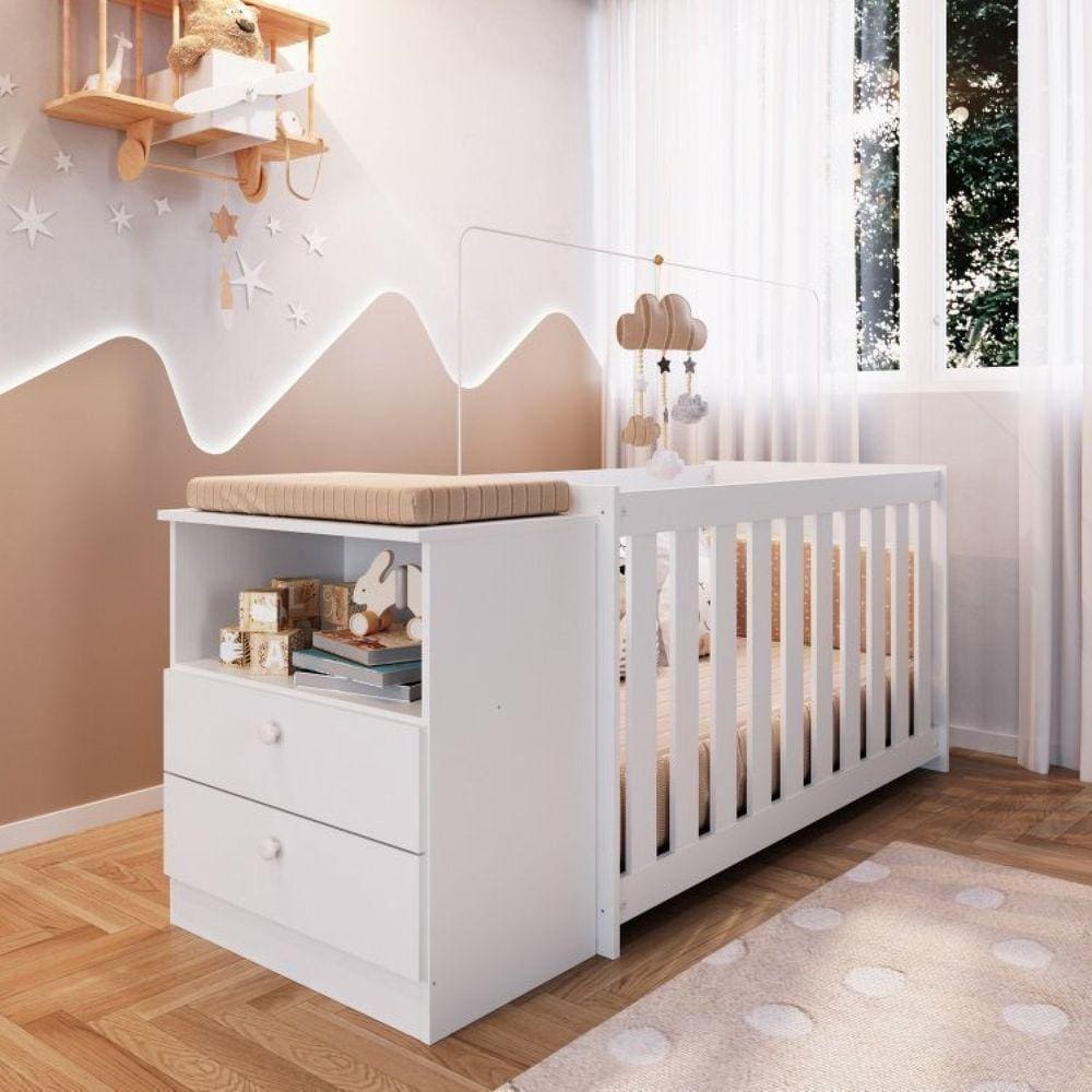 Conjunto para Quarto de Bebê com Berço e Cômoda Aconchego Completa Móveis Branco