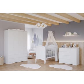 Quarto de Bebê Provençal Berço Cômoda 4 Gavetas Guarda Roupa 4 Portas 4 Gavetas Aquarela Espresso Móveis Branco