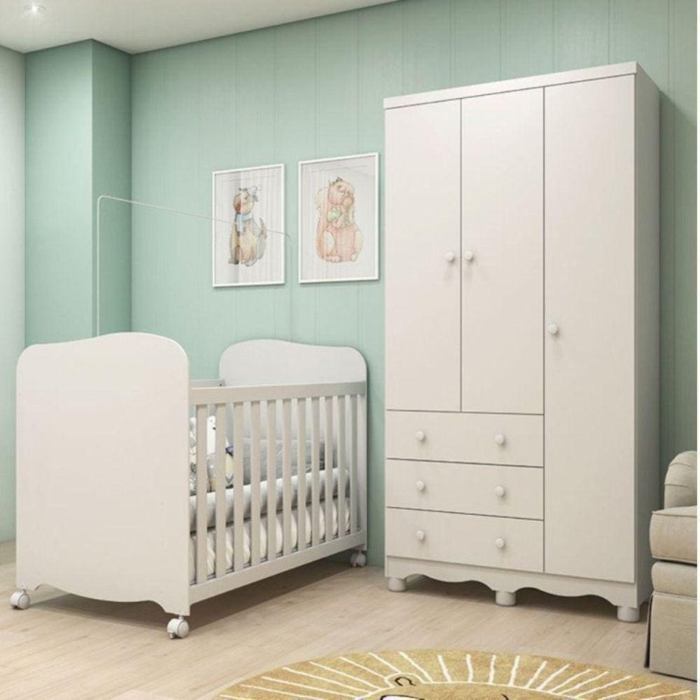 Quarto de Bebê Berço Mini Cama com Capitone Harmonia e Cômoda 1 Porta 4  Gavetas Encanto Permobili Branco - Branco Harmonia