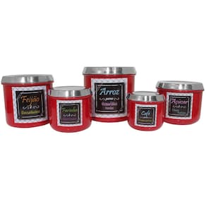Conjunto De Mantimentos Vermelho Decorado Em Alumínio Para Cozinha 5 Peças