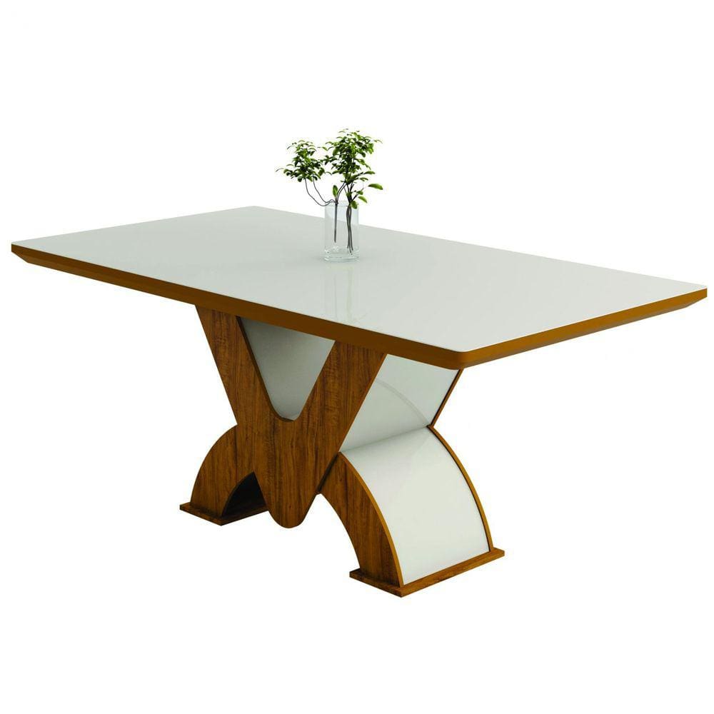 Mesa de Jantar 6 Lugares Tampo Vidro 180cm Genova Viero Pinho/Off White