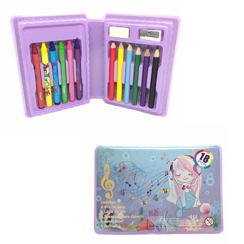 Estojo Giz de Cera Lapis de Cor Maleta Material Kit Escolar Pintura 18 Peças