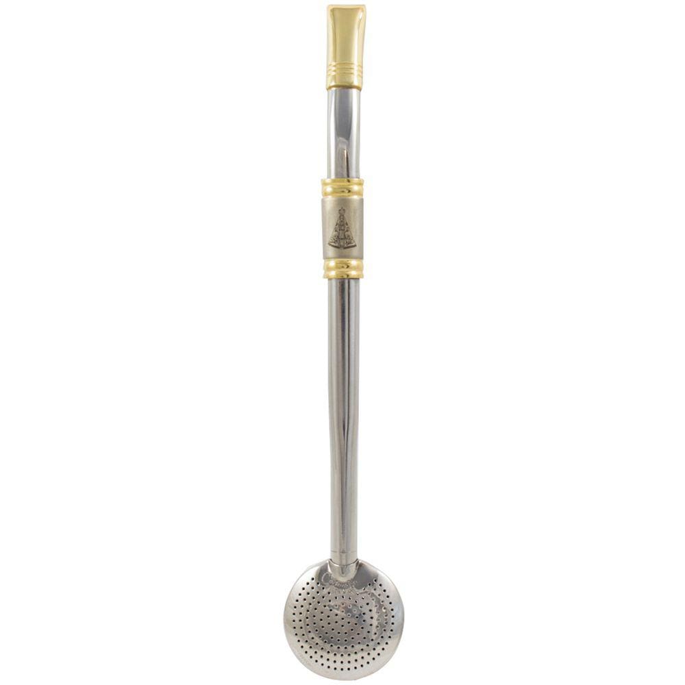 Bomba De Chimarrão Aço Inox Banho Ouro 18k Nossa Senhora Aparecida