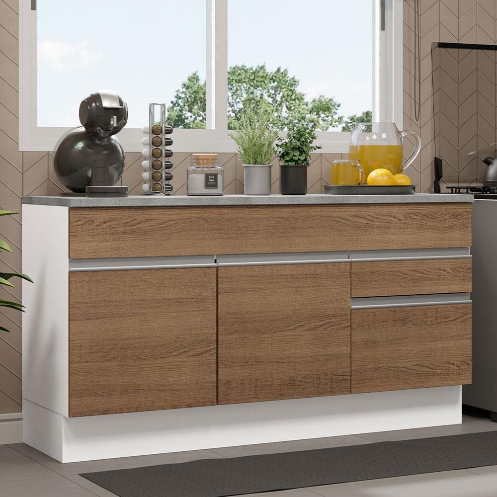 Balcão Gabinete de Pia Madesa Glamy 150 cm 2 Gavetas 2 Portas (Com Tampo) - Branco/Rustic