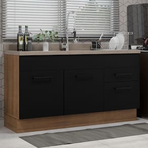 Balcão Gabinete de Pia Madesa Agata 150 cm 2 Portas e 2 Gavetas (Sem Tampo e Pia) - Rustic/Preto