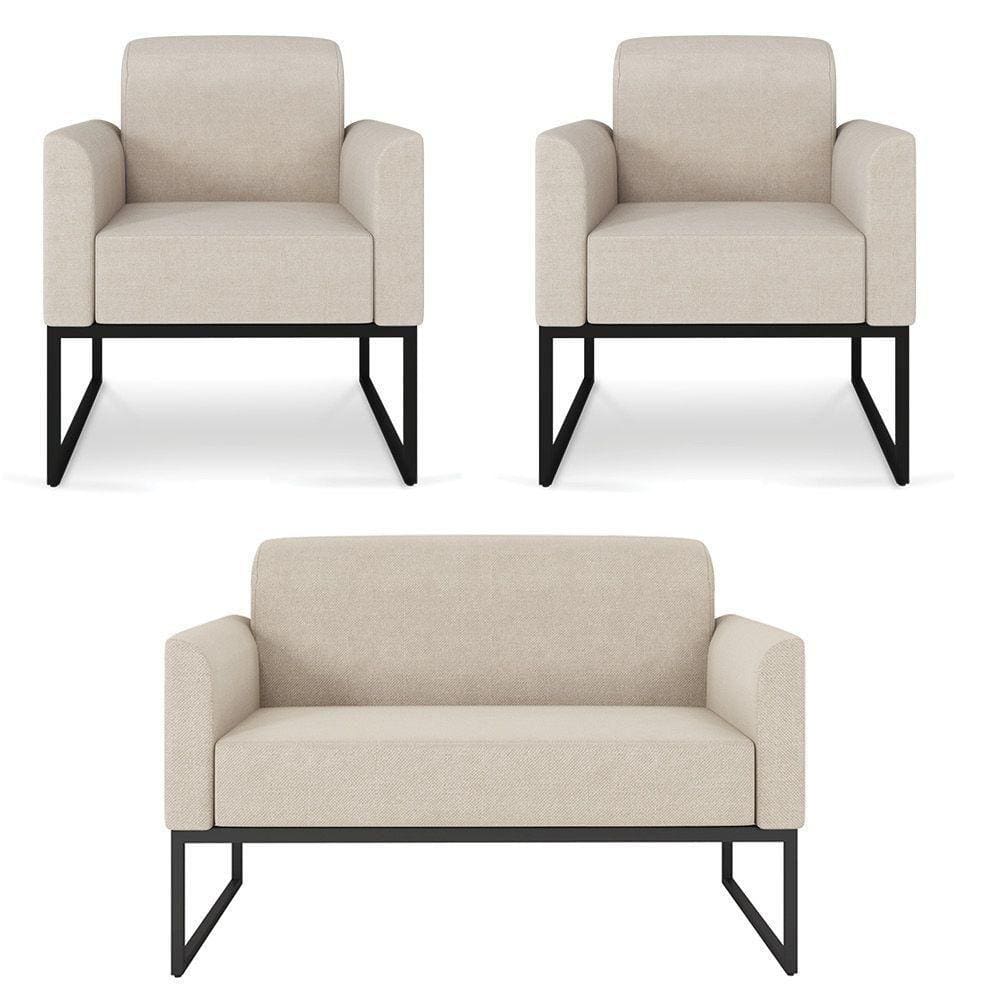 Kit 01 Namoradeira 02 Lugares E 02 Poltronas Marisa Linho Areia A27 Base Industrial Metálica Preto