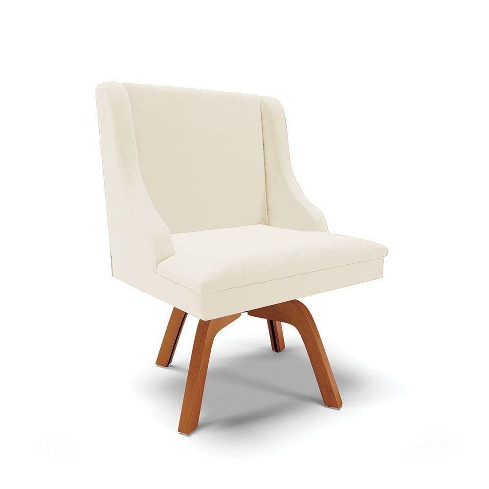 Cadeira Veludo Bege Giratória De Madeira