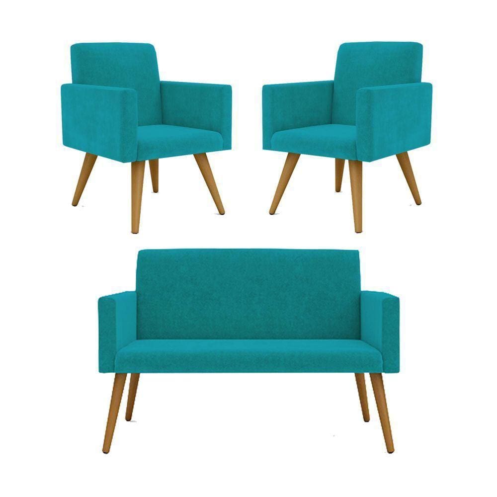 Kit Namoradeira + 2 Poltronas Decorativas Azul Turquesa