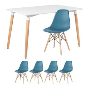 Mesa Retangular 80 X 120 Cm Branco + 4 Cadeiras Turquesa