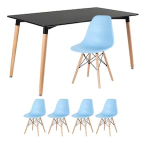 Mesa Retangular 80 X 140 Cm Preto + 4 Cadeiras Azul Claro